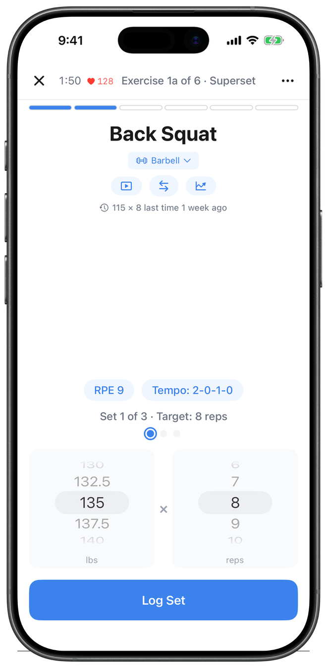 A client mid-workout on iPhone — guided set, ready to log