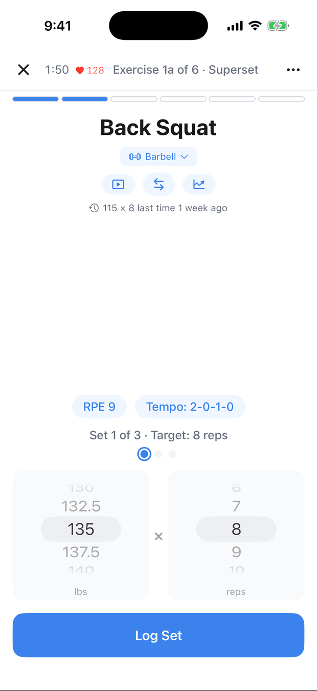 What your client sees — logging a set mid-workout on iPhone