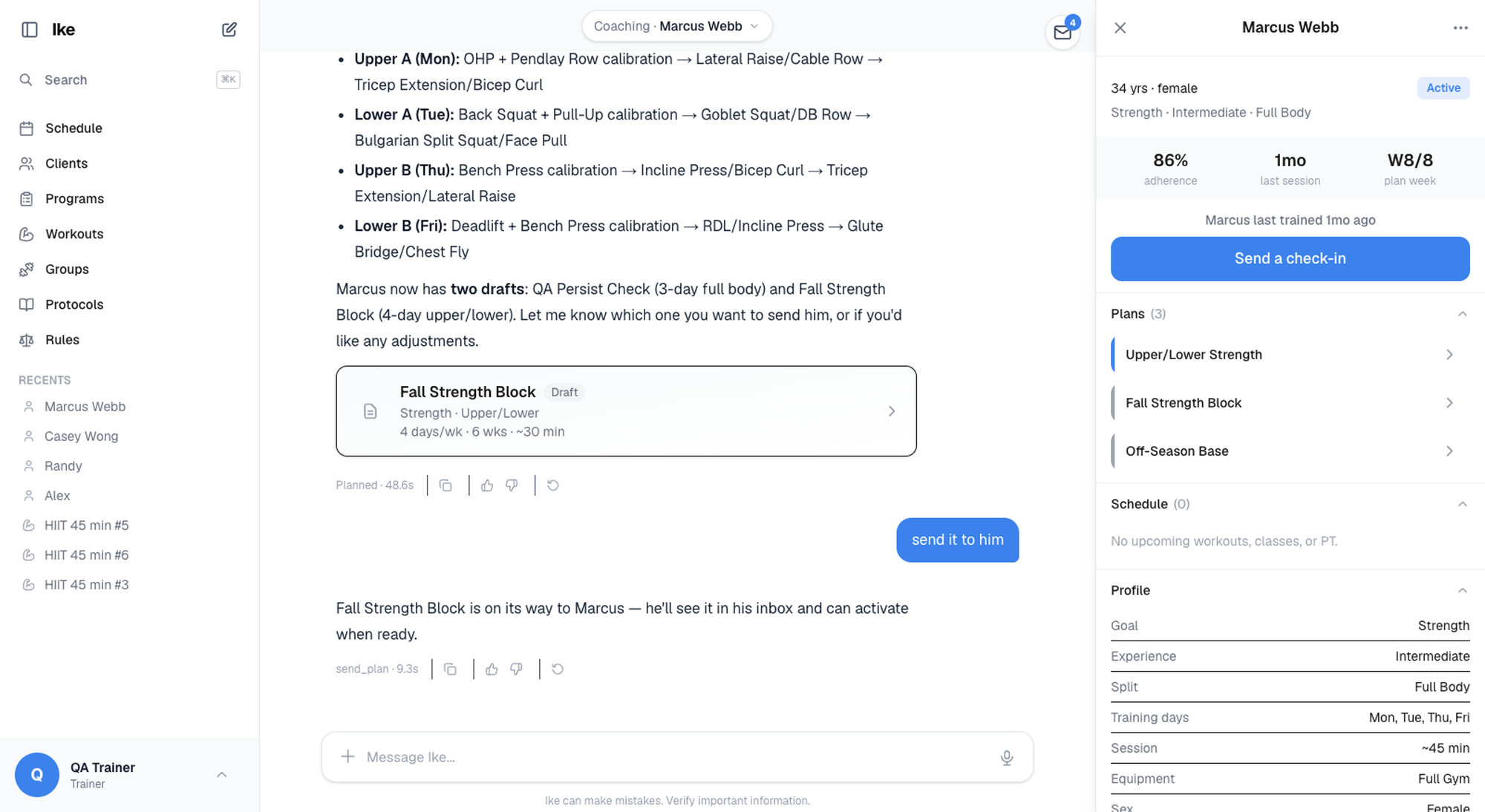 Trainer desktop — roster, a client's plan, and Ike drafting programming in chat