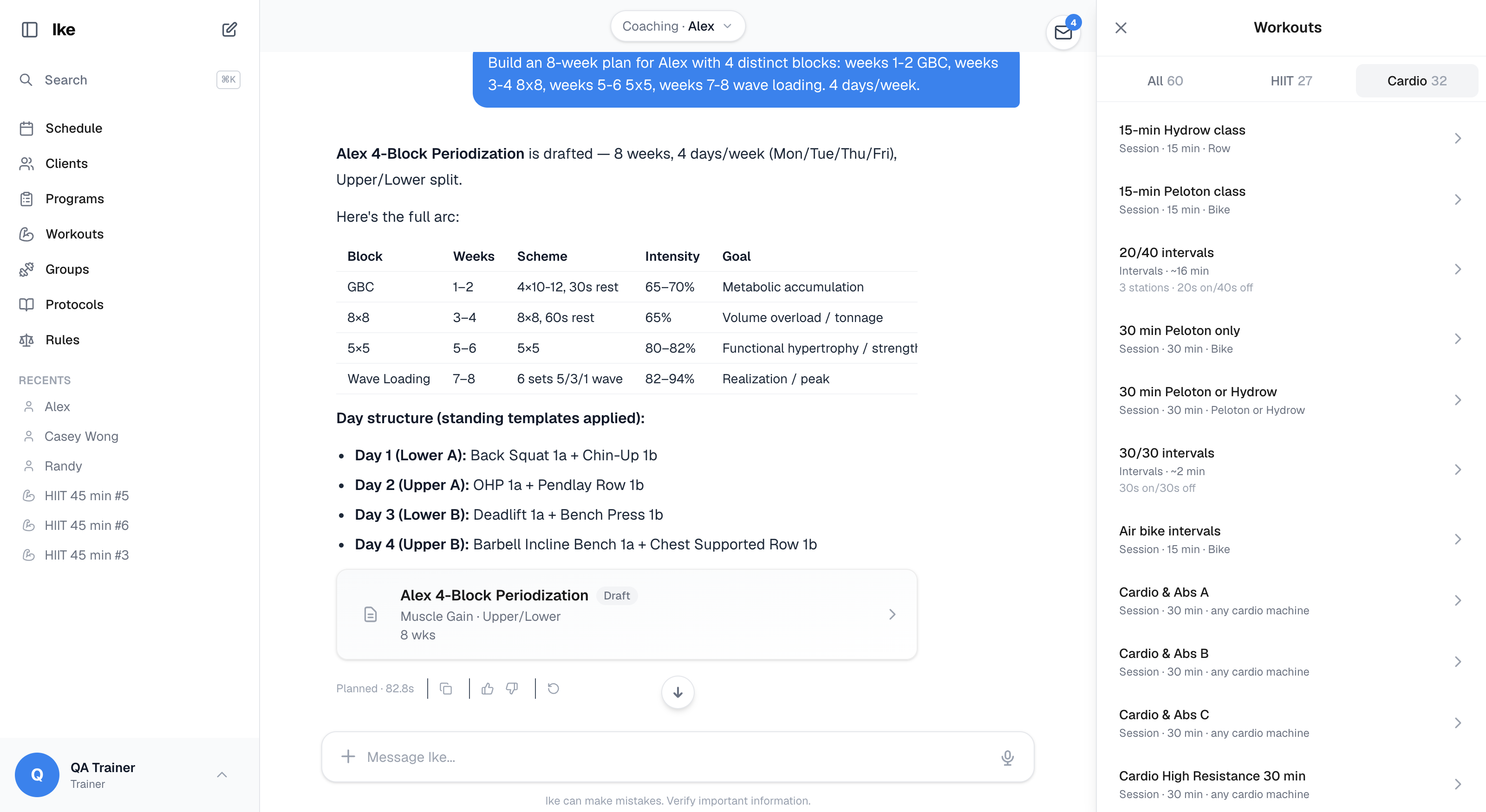 Your library — saved workouts and programs, ready to drop onto any client