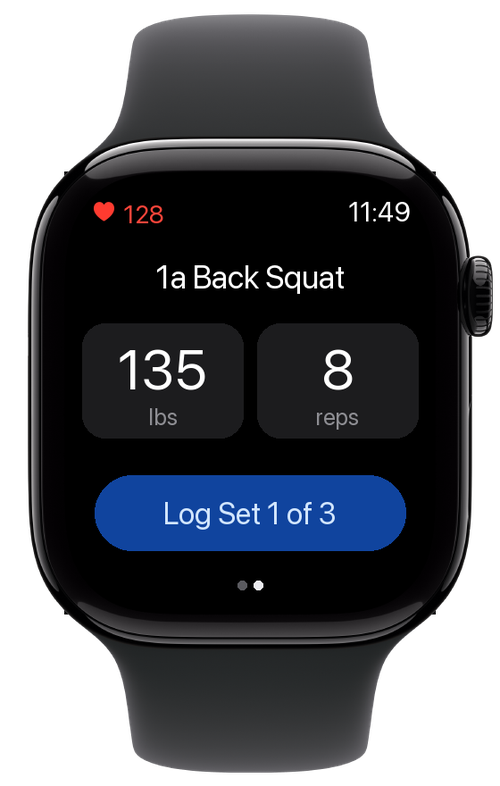 A client's set on Apple Watch — load and reps ready to log